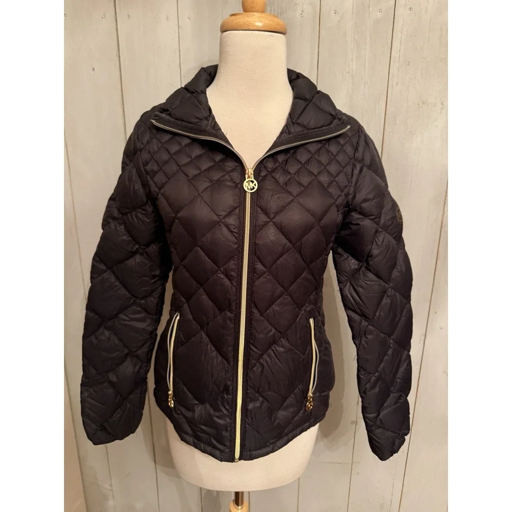 Michael Kors Down Fill Quilted Packable Black Full Gold Zip Puffer Coat Jacket S
